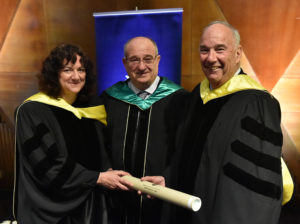 Technion Professor Hagit Attiya, Executive Vice President for academic affairs, Technion President Professor Peretz Lavie and honoree Ed Satell at the Honorary Doctorate Conferment Ceremony in Israel. 